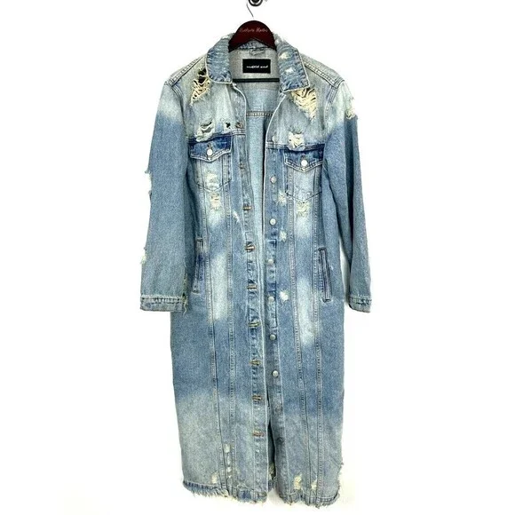 Mustard Seed Women L Destructed Denim Blue Jacket Long Jean Button Up Biker R4 - Picture 2 of 12